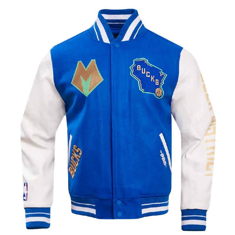 NBA MILWAUKEE BUCKS MEN'S CHEST DEER DISTRICT RIB WOOL VARSITY JACKET (ROYAL BLUE/WHITE) Hooded Jacket Caped Jacket Shawl Collar Jacket NBA MILWAUKEE BUCKS MEN'S CHEST DEER DISTRICT RIB WOOL VARSITY JACKET (ROYAL BLUE/WHITE) Hooded Jacket Caped Jacket Shawl Collar Jacket