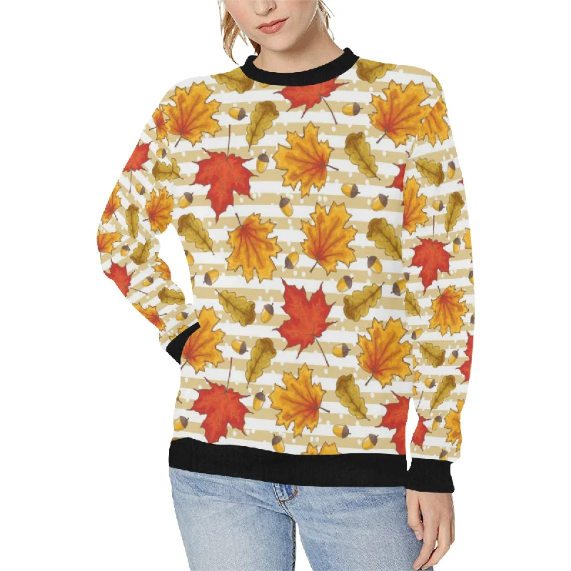 Maple leaf oak leaf acorns beige striped backgroun Women's Crew Neck Sweatshirt Hoodie with Reflective Safety Nightwear Maple leaf oak leaf acorns beige striped backgroun Women's Crew Neck Sweatshirt Hoodie with Reflective Safety Nightwear