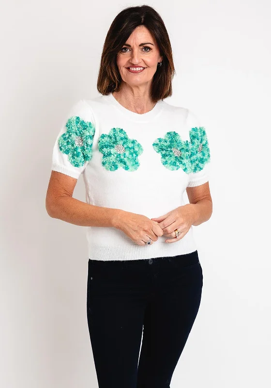 Serafina Collection One Size Flower Applique Sweater, White & Green Anti-Pilling Anti-Shrink Durable Serafina Collection One Size Flower Applique Sweater, White & Green Anti-Pilling Anti-Shrink Durable