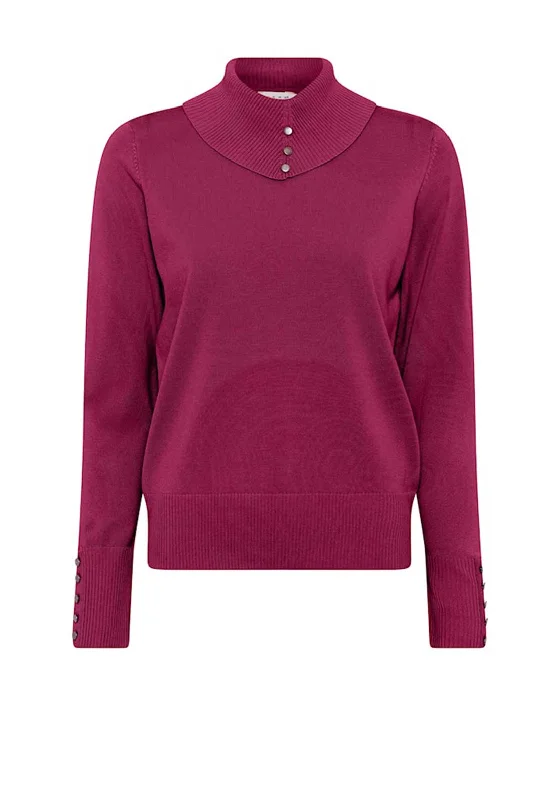 Micha Button Detail Polo Neck Sweater, Dark Purple Toggled Drawstring Belted