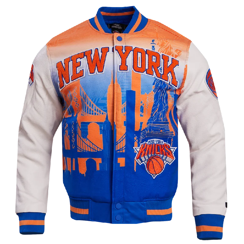 NBA NEW YORK KNICKS REMIX VARSITY MEN'S JACKET (WHITE) Denim Jacket Leather Jacket Suede Jacket NBA NEW YORK KNICKS REMIX VARSITY MEN'S JACKET (WHITE) Denim Jacket Leather Jacket Suede Jacket