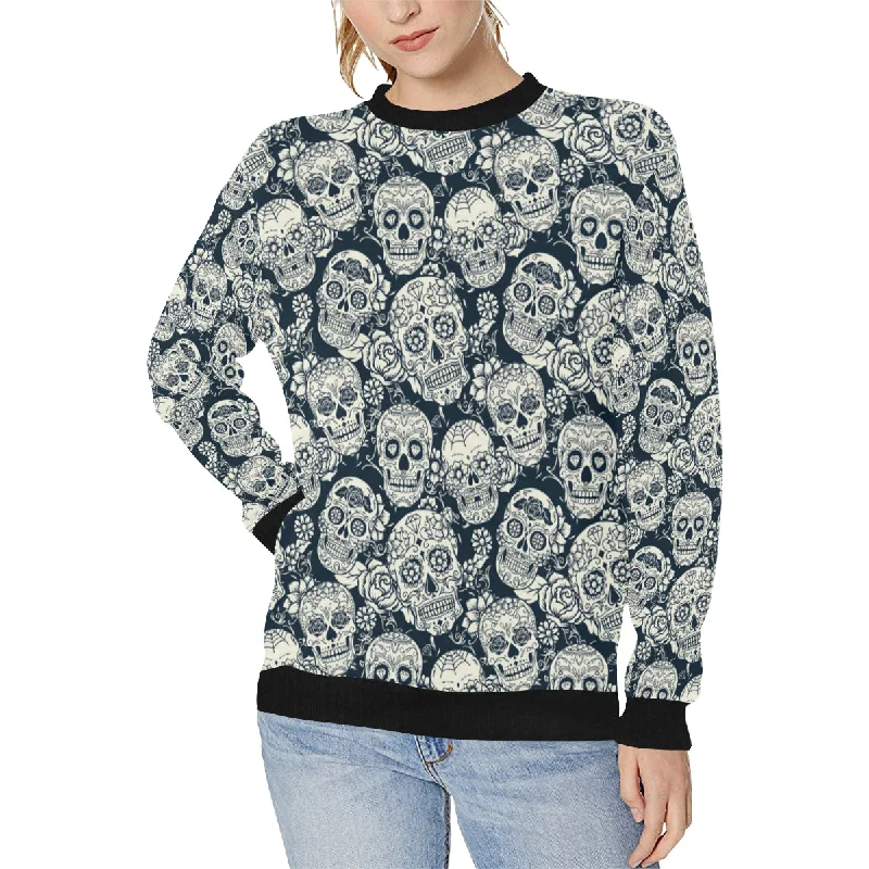 Sugar skull black white pattern Women's Crew Neck Sweatshirt Hoodie with Button Classic Timeless Sugar skull black white pattern Women's Crew Neck Sweatshirt Hoodie with Button Classic Timeless