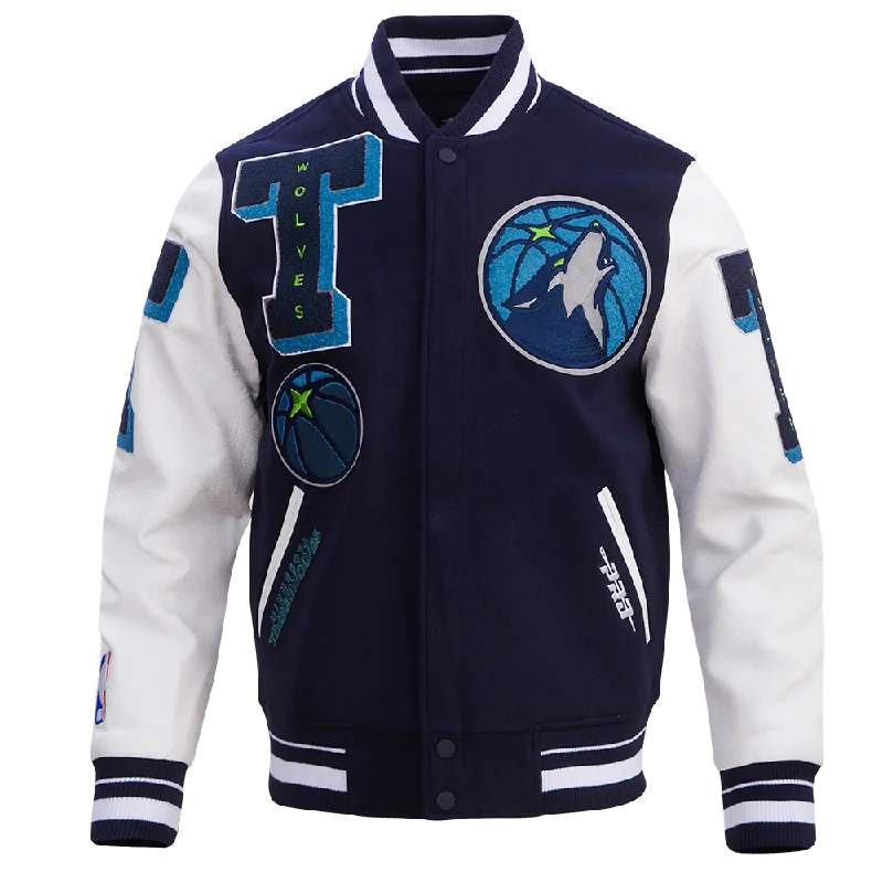 NBA MINNESOTA TIMBERWOLVES MASHUP MEN'S RIB WOOL VARSITY JACKET (MIDNIGHT NAVY/WHITE) Wool Jacket Cashmere Jacket Tweed Jacket NBA MINNESOTA TIMBERWOLVES MASHUP MEN'S RIB WOOL VARSITY JACKET (MIDNIGHT NAVY/WHITE) Wool Jacket Cashmere Jacket Tweed Jacket