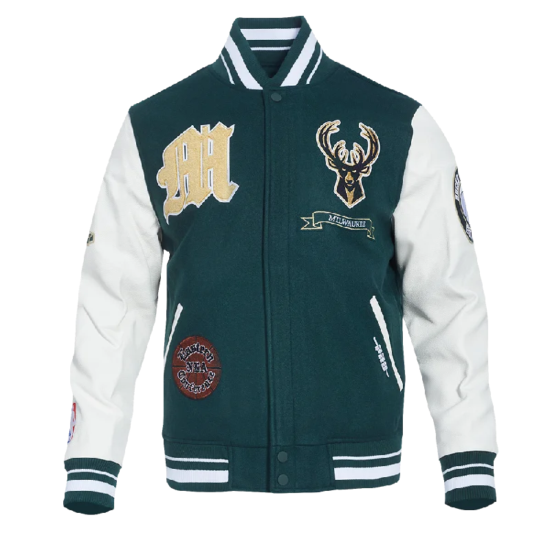 NBA MILWAUKEE BUCKS PRO PREP MEN'S WOOL VARSITY JACKET (FOREST GREEN/WHITE) Herringbone Jacket Houndstooth Jacket Plaid Jacket NBA MILWAUKEE BUCKS PRO PREP MEN'S WOOL VARSITY JACKET (FOREST GREEN/WHITE) Herringbone Jacket Houndstooth Jacket Plaid Jacket