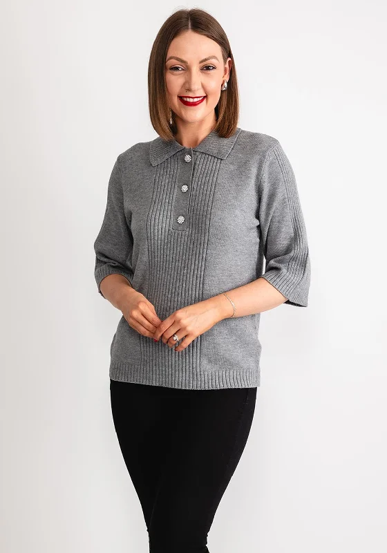 B.Young Manina Button Neck Polo Sweater, Grey Nylon Fabric Polyester Fabric Spandex Fabric B.Young Manina Button Neck Polo Sweater, Grey Nylon Fabric Polyester Fabric Spandex Fabric