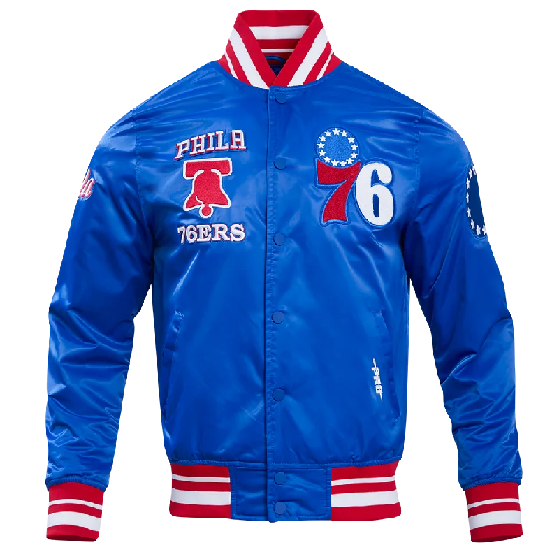 NBA PHILADELPHIA 76ERS RETRO CLASSIC MEN'S RIB SATIN JACKET (ROYAL BLUE/RED) Faux Fur Jacket Real Fur Jacket Shearling Jacket NBA PHILADELPHIA 76ERS RETRO CLASSIC MEN'S RIB SATIN JACKET (ROYAL BLUE/RED) Faux Fur Jacket Real Fur Jacket Shearling Jacket