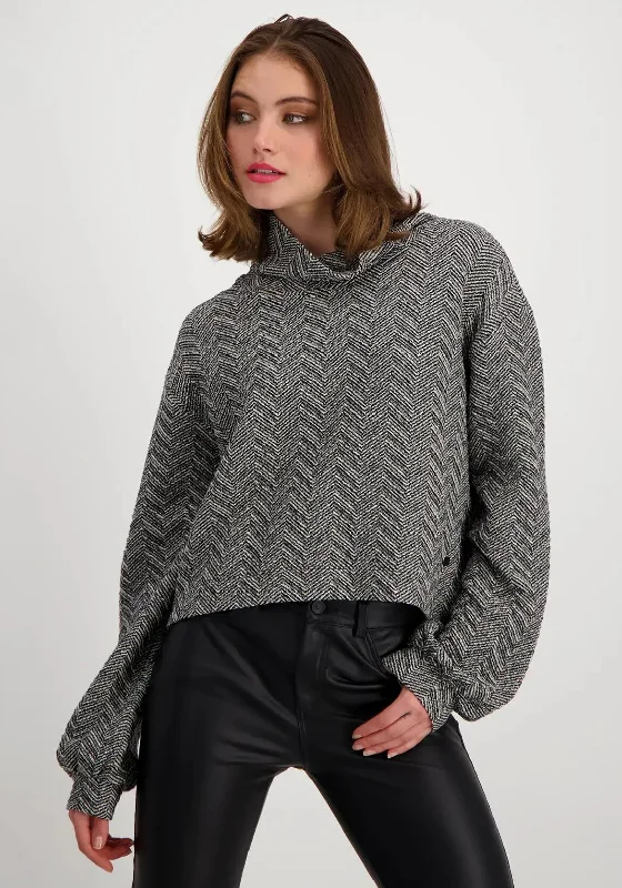 Monari Herringbone Knit Jumper, Black & White Satin Blend Silk Blend Wool Blend