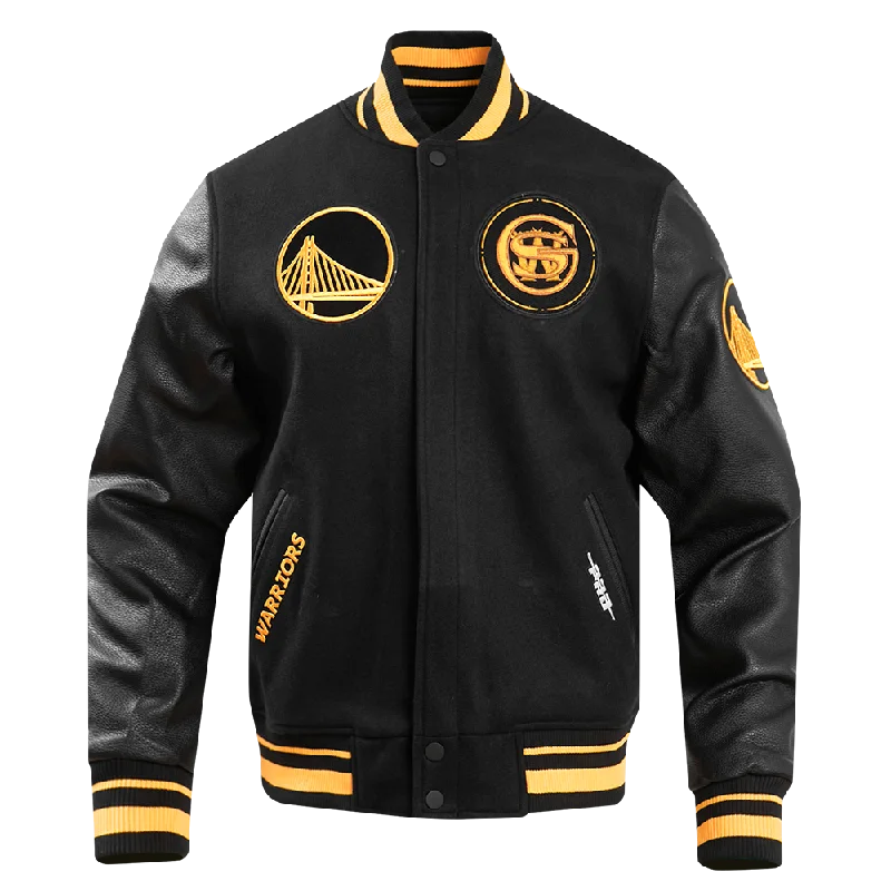 NBA GOLDEN STATE WARRIORS MEN'S CHEST BAY AREA RIB WOOL VARSITY JACKET (BLACK/YELLOW) One-Shoulder Jacket Off-the-Shoulder Jacket Asymmetrical Jacket NBA GOLDEN STATE WARRIORS MEN'S CHEST BAY AREA RIB WOOL VARSITY JACKET (BLACK/YELLOW) One-Shoulder Jacket Off-the-Shoulder Jacket Asymmetrical Jacket
