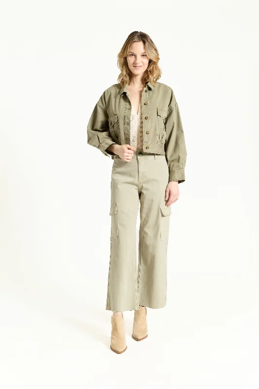 OAT Cropped Denim Jacket in Dried Sage Appliqued Jacket Beaded Jacket Sequined Jacket