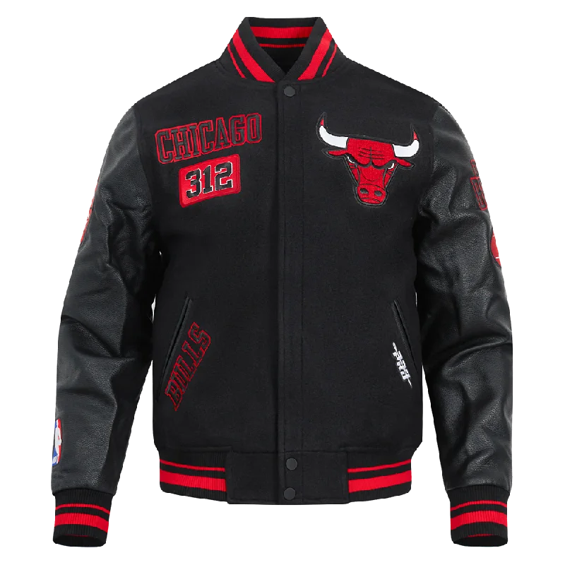 NBA CHICAGO BULLS AREA CODE MEN'S RIB WOOL VARSITY JACKET (BLACK/RED/BLACK) Denim Fabric Leather Fabric Suede Fabric NBA CHICAGO BULLS AREA CODE MEN'S RIB WOOL VARSITY JACKET (BLACK/RED/BLACK) Denim Fabric Leather Fabric Suede Fabric