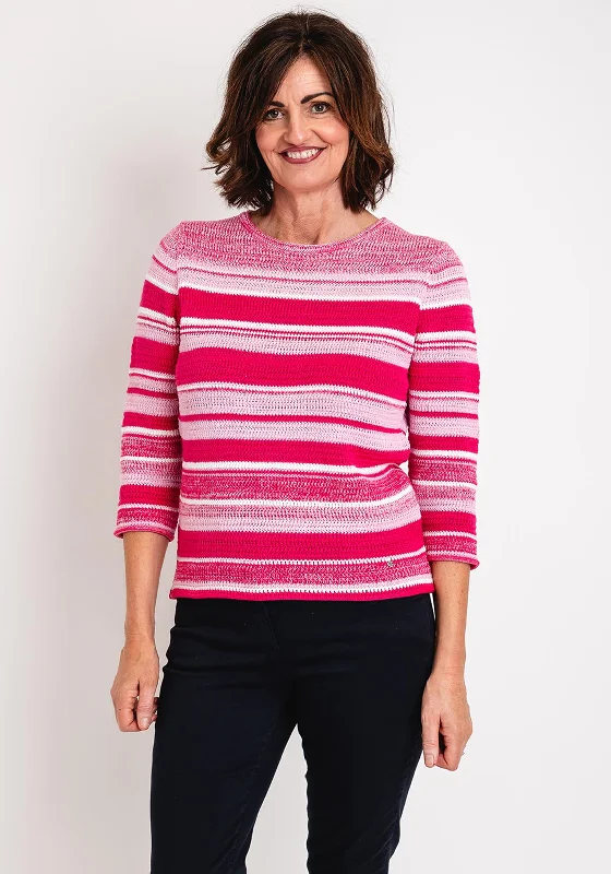 Rabe Round Neck Stripe Knit Sweater, Pink Glossy Satin Silk