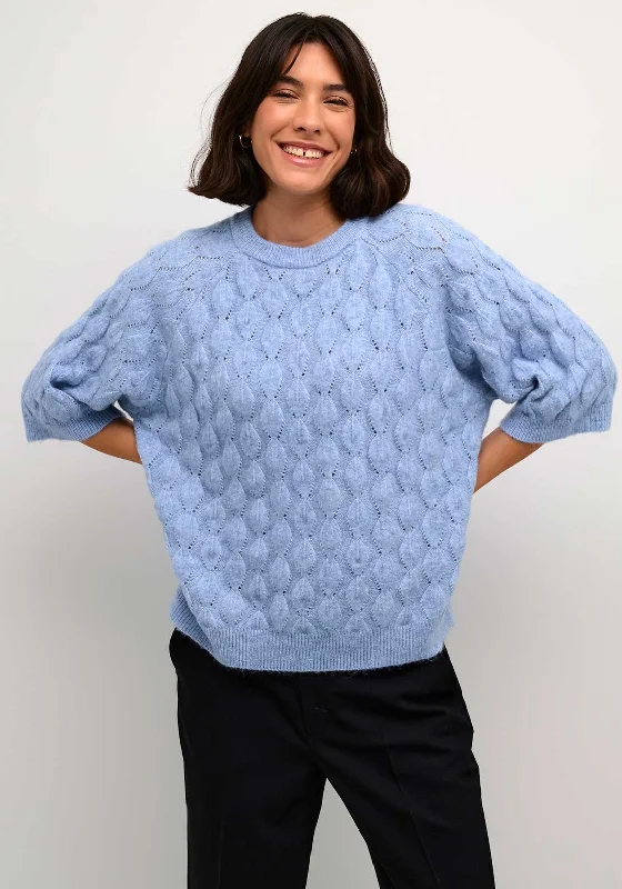 Kaffe Malene Cropped Sleeve Knit Sweater, Vista Blue Hooded Sweater Collared Sweater Shawl Collar Kaffe Malene Cropped Sleeve Knit Sweater, Vista Blue Hooded Sweater Collared Sweater Shawl Collar