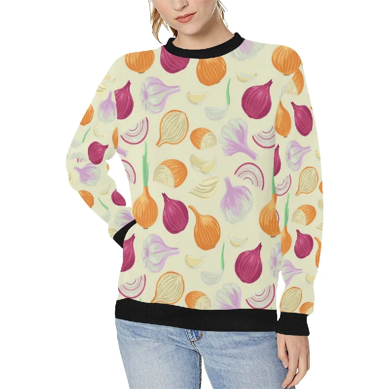 Onion garlic white red pattern Women's Crew Neck Sweatshirt Hoodie with Belted Waist Structured Tailored Onion garlic white red pattern Women's Crew Neck Sweatshirt Hoodie with Belted Waist Structured Tailored