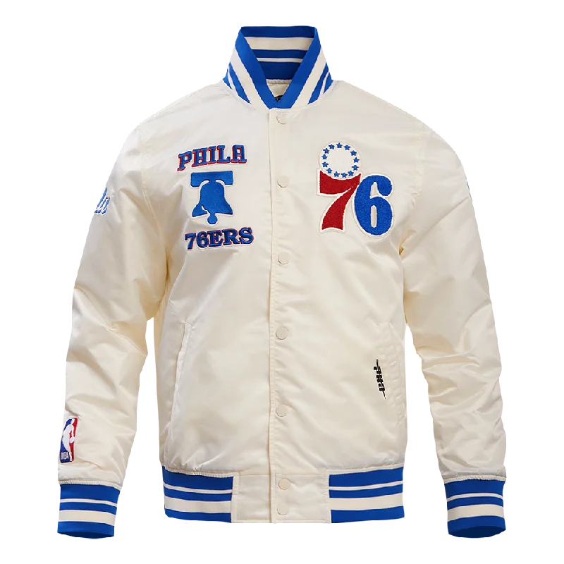 NBA PHILADELPHIA 76ERS RETRO CLASSIC MEN'S RIB SATIN JACKET (EGGSHELL/ ROYAL BLUE) Fleece Jacket Down Jacket Feather Jacket