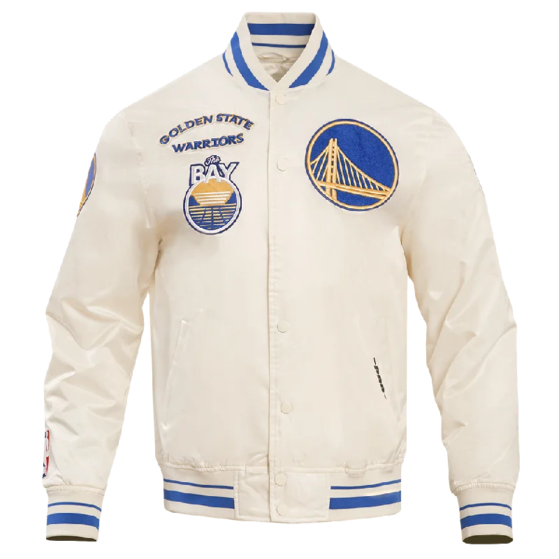 NBA GOLDEN STATE WARRIORS RETRO CLASSIC MEN'S RIB SATIN JACKET (EGGSHELL/ ROYAL BLUE) Collared Jacket Crew Neck Jacket Turtle Neck Jacket