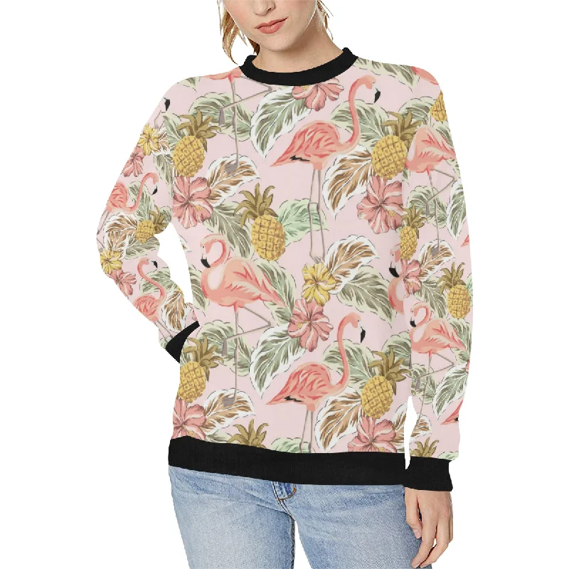 Pink flamingo birds pineapples hibiscus flower pat Women's Crew Neck Sweatshirt Hoodie with Drawcord Adjustable Secure Pink flamingo birds pineapples hibiscus flower pat Women's Crew Neck Sweatshirt Hoodie with Drawcord Adjustable Secure
