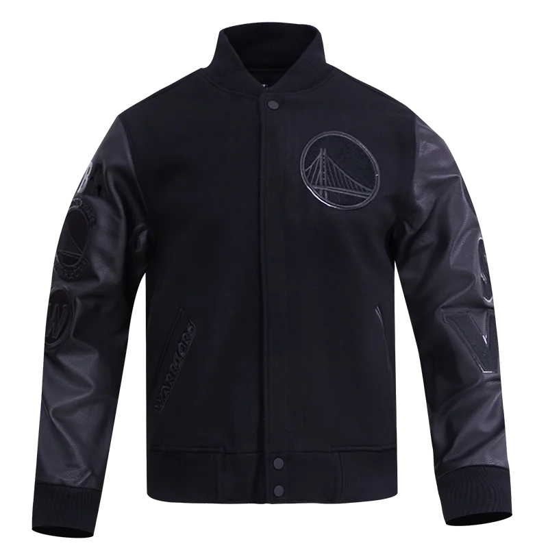 NBA GOLDEN STATE WARRIORS TRIPLE BLACK MEN'S VARSITY JACKET (TRIPLE BLACK) Embroidered Jacket Appliqued Jacket Beaded Jacket NBA GOLDEN STATE WARRIORS TRIPLE BLACK MEN'S VARSITY JACKET (TRIPLE BLACK) Embroidered Jacket Appliqued Jacket Beaded Jacket