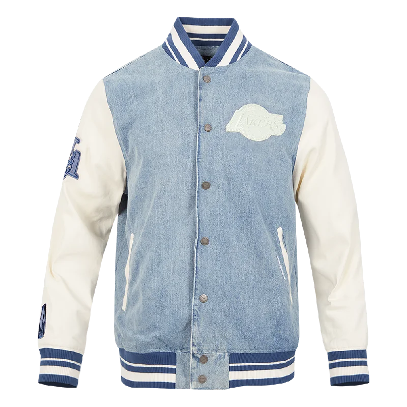 NBA LOS ANGELES LAKERS VARSITY BLUES MEN'S DENIM VARSITY JACKET (DENIM/LINEN) Elasticated Jacket Padded Jacket Insulated Jacket NBA LOS ANGELES LAKERS VARSITY BLUES MEN'S DENIM VARSITY JACKET (DENIM/LINEN) Elasticated Jacket Padded Jacket Insulated Jacket