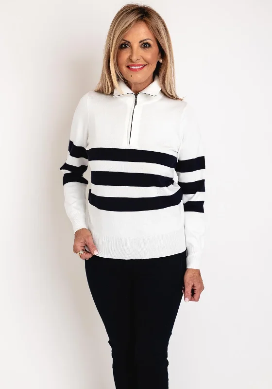 Micha Striped Quarter Zip Knitted Sweater, Off-White & Navy Front Pockets Side Pockets Patch Pockets Micha Striped Quarter Zip Knitted Sweater, Off-White & Navy Front Pockets Side Pockets Patch Pockets