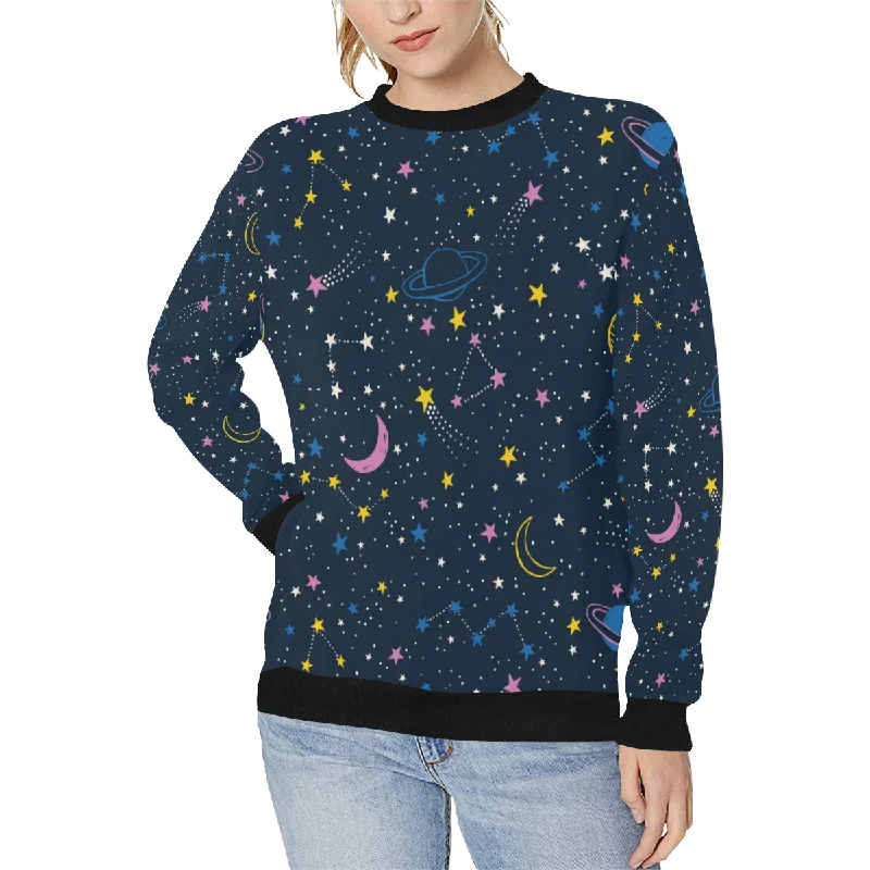 space pattern with planets, comets, constellations Women's Crew Neck Sweatshirt Hoodie with Raw Hem Edgy Unfinished space pattern with planets, comets, constellations Women's Crew Neck Sweatshirt Hoodie with Raw Hem Edgy Unfinished