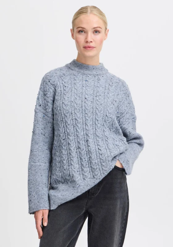 b.young Cable Knit Jumper, Blue Ribbed Striped Patterned