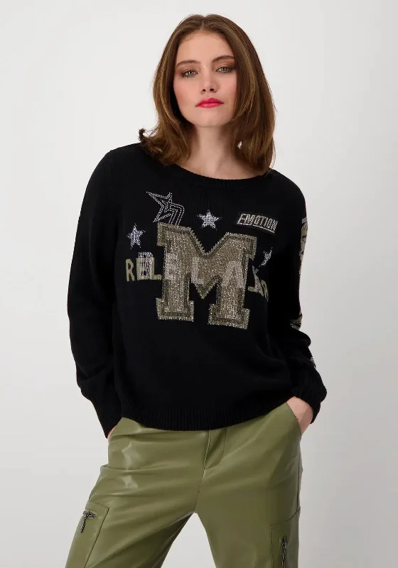 Monari Rhinestone Varsity Jumper, Black Cashmere Blend Cotton Blend Poly Blend