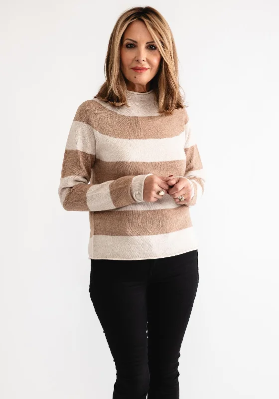 Oui Striped Fine Knit Jumper, Beige Thin Thick Dense