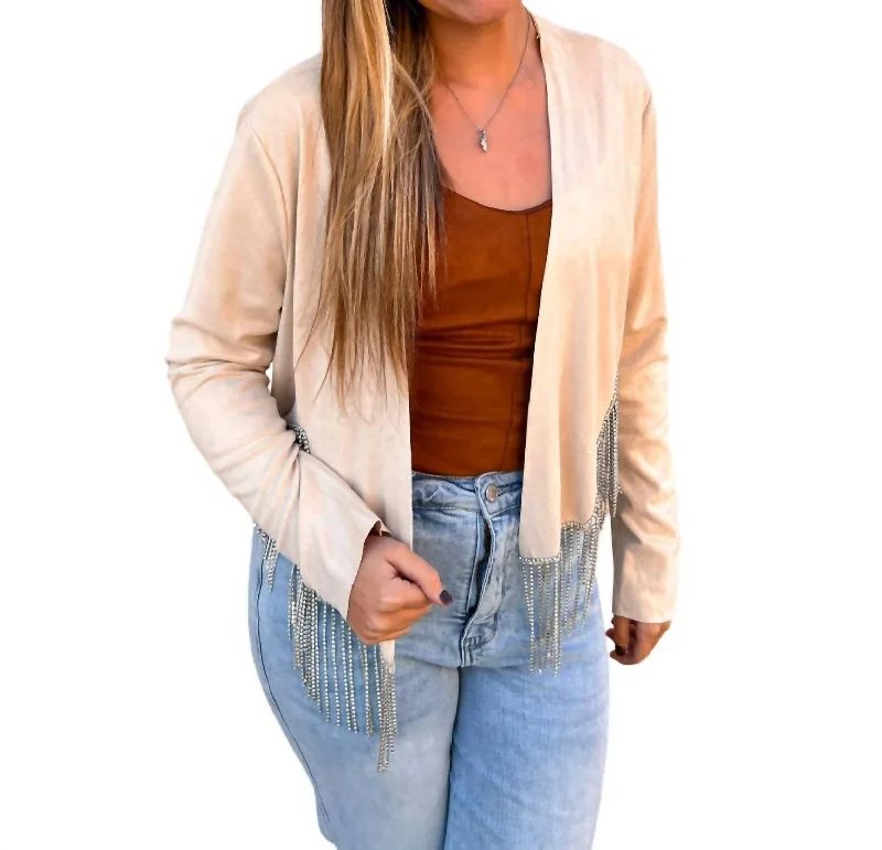 Sadie Rhinestone Fringe Hem Suede Jacket In Cream Striped Jacket Polka Dot Jacket Floral Jacket