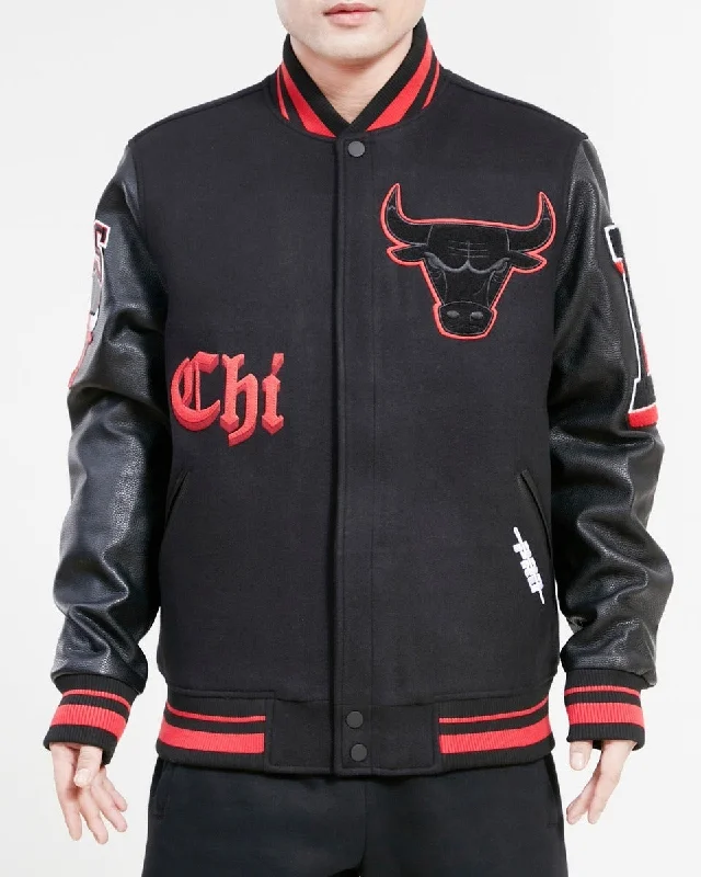 NBA CHICAGO BULLS OLD ENGLISH LOGO MEN'S VARSITY JACKET (BLACK/RED) Fleece Jacket Down Jacket Feather Jacket