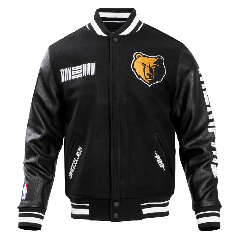 NBA MEMPHIS GRIZZLIES MEN'S CHEST RIB WOOL VARSITY JACKET (BLACK) Quilted Jacket Puffer Jacket Insulated Jacket NBA MEMPHIS GRIZZLIES MEN'S CHEST RIB WOOL VARSITY JACKET (BLACK) Quilted Jacket Puffer Jacket Insulated Jacket