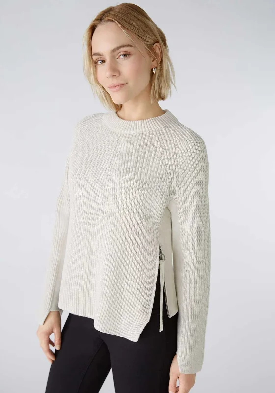 Oui Zip Detail Knitted Jumper, Off White Ribbed Striped Patterned