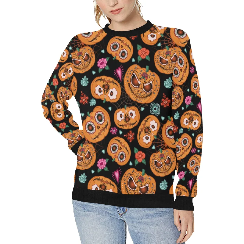 Pumpkin flowers spiderweb Halloween theme Women's Crew Neck Sweatshirt Oversized Hoodie Comfort Casual Pumpkin flowers spiderweb Halloween theme Women's Crew Neck Sweatshirt Oversized Hoodie Comfort Casual