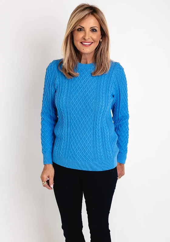 Micha Round Neck Cable Knit Sweater, Azure Blue Welt Pockets Slit Pockets Flap Pockets Micha Round Neck Cable Knit Sweater, Azure Blue Welt Pockets Slit Pockets Flap Pockets
