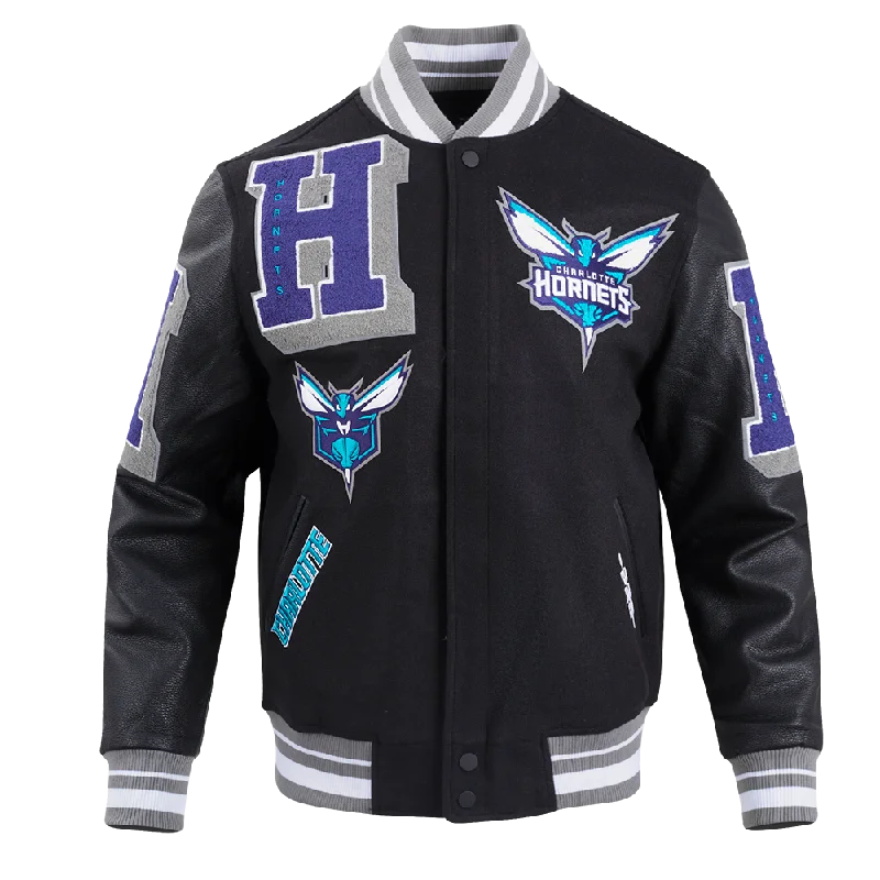 NBA CHARLOTTE HORNETS MASHUP MEN'S RIB WOOL VARSITY JACKET (BLACK/GRAY) Anorak Shell Jacket Lightweight Jacket