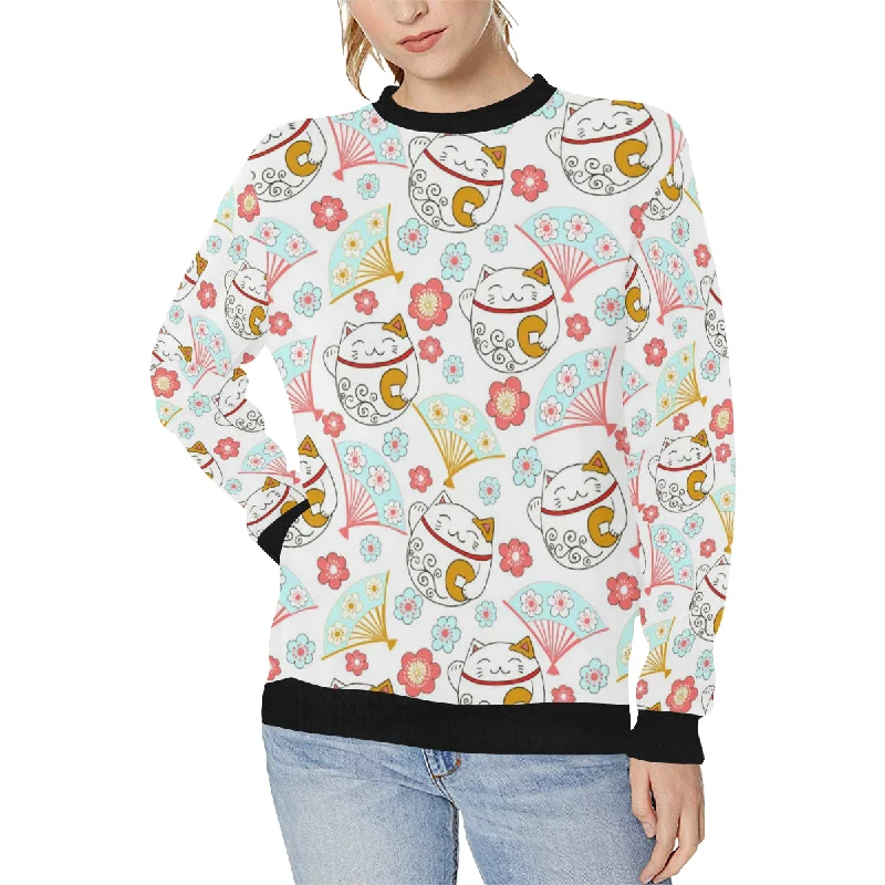 Maneki neko cat fan sakura Women's Crew Neck Sweatshirt Hoodie with Frayed Bohemian Relaxed Maneki neko cat fan sakura Women's Crew Neck Sweatshirt Hoodie with Frayed Bohemian Relaxed