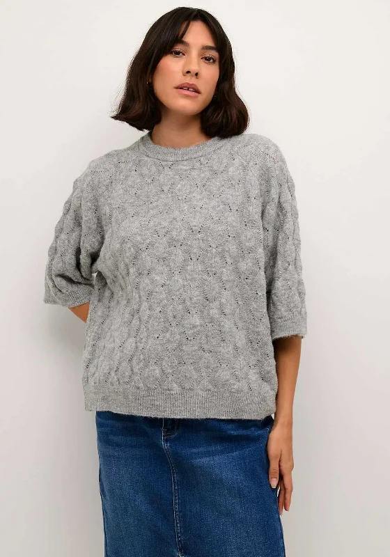 Kaffe Malene Cropped Sleeve Knit Sweater, Grey Melange Turtle Neck Boat Neck Asymmetrical Neck Kaffe Malene Cropped Sleeve Knit Sweater, Grey Melange Turtle Neck Boat Neck Asymmetrical Neck