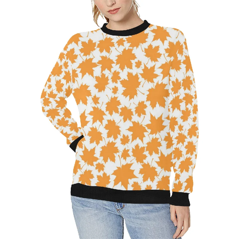 Orange Maple Leaf pattern Women's Crew Neck Sweatshirt Hoodie with Ribbed Neckline Snug Warm Orange Maple Leaf pattern Women's Crew Neck Sweatshirt Hoodie with Ribbed Neckline Snug Warm