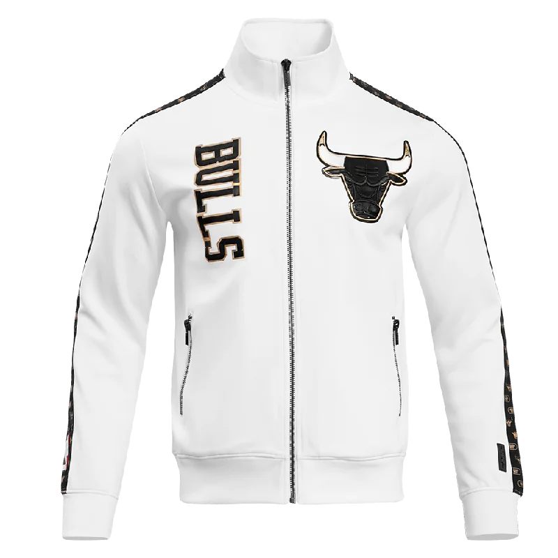 CHICAGO BULLS PRINT TAPING DK TRACK JACKET (WHITE/BLACK) Boat Neck Shawl Collar Notched Collar CHICAGO BULLS PRINT TAPING DK TRACK JACKET (WHITE/BLACK) Boat Neck Shawl Collar Notched Collar
