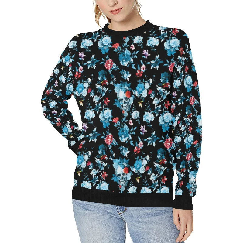 Skull flower roses leave pattern Women's Crew Neck Sweatshirt Hoodie with Hem Patch Decorative Personalized Skull flower roses leave pattern Women's Crew Neck Sweatshirt Hoodie with Hem Patch Decorative Personalized