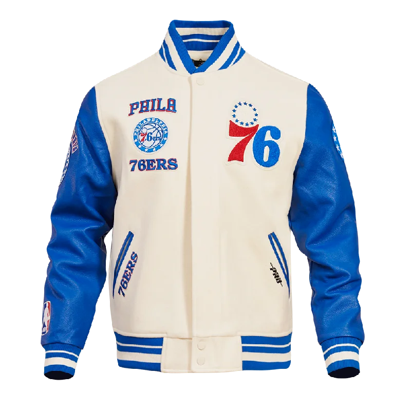 NBA PHILADELPHIA 76ERS RETRO CLASSIC MEN'S RIB WOOL VARSITY JACKET (EGGSHELL/ ROYAL BLUE) Zippered Front Buttoned Front Snap Front NBA PHILADELPHIA 76ERS RETRO CLASSIC MEN'S RIB WOOL VARSITY JACKET (EGGSHELL/ ROYAL BLUE) Zippered Front Buttoned Front Snap Front