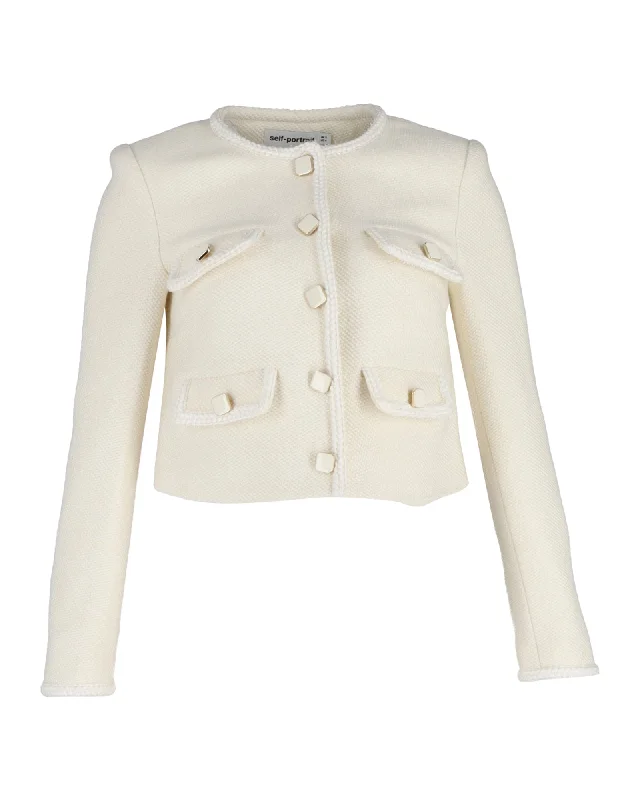 Self-Portrait Boucle Cropped Jacket in Cream Wool Blend Notch Collar Jacket Peter Pan Collar Jacket Cowl Neck Jacket