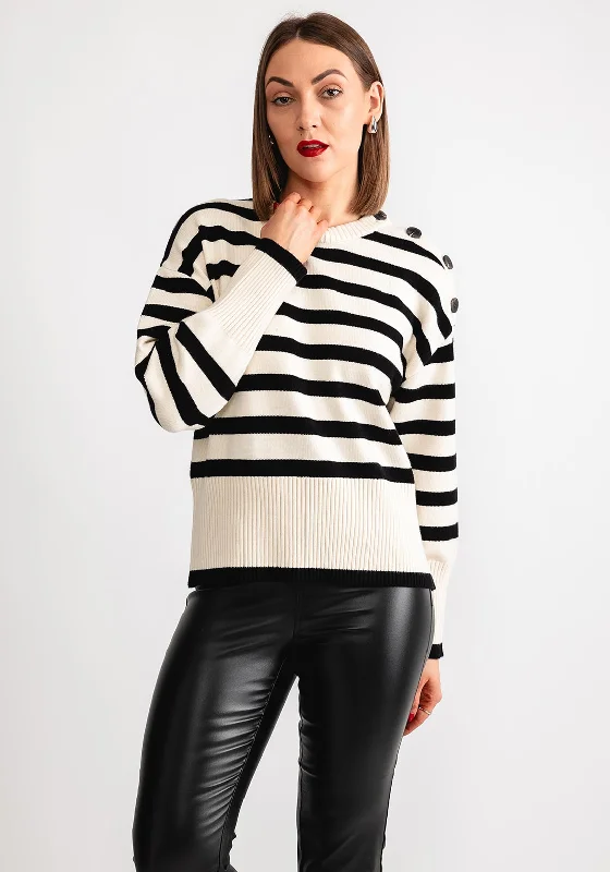 Kaffe Marie Striped Button Knit Jumper, Off White & Black Cotton Fabric Linen Fabric Terry Fabric Kaffe Marie Striped Button Knit Jumper, Off White & Black Cotton Fabric Linen Fabric Terry Fabric