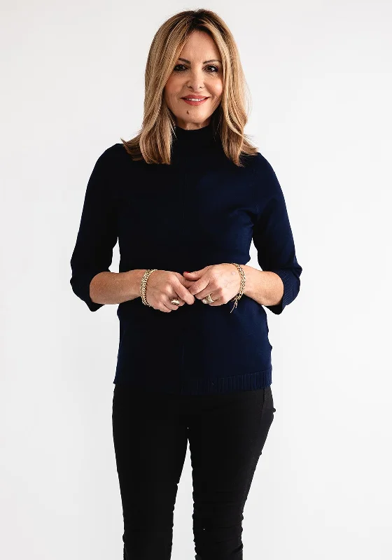 Anonymous High Neck Cropped Sleeve Jumper, Navy Iron Safe Non-Iron Wrinkle Free