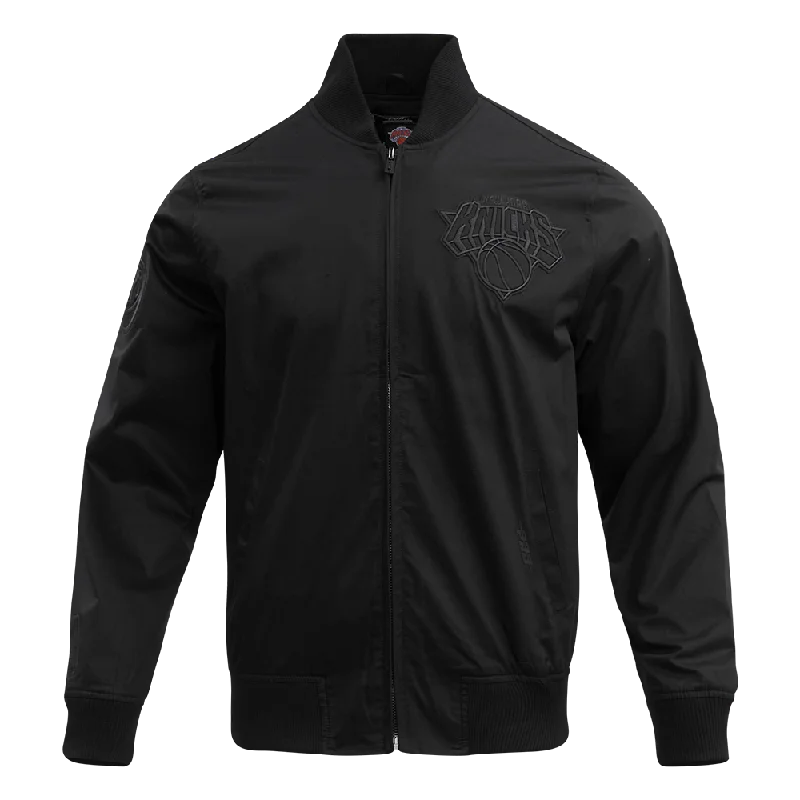 NBA NEW YORK KNICKS NEUTRAL TWILL JACKET (BLACK) Boat Neck Shawl Collar Notched Collar NBA NEW YORK KNICKS NEUTRAL TWILL JACKET (BLACK) Boat Neck Shawl Collar Notched Collar