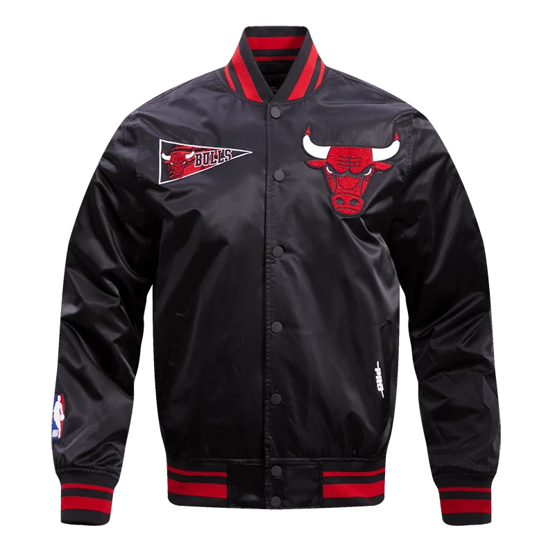 NBA CHICAGO BULLS RETRO CLASSIC MEN'S RIB SATIN JACKET (BLACK/RED/BLACK) Denim Jacket Leather Jacket Suede Jacket