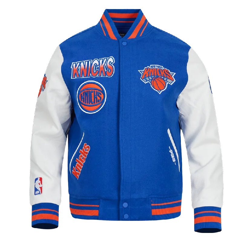 NBA NEW YORK KNICKS TURN IT UP MEN'S RIB WOOL VARSITY JACKET (ROYAL/ORANGE/ROYAL) Jacket Blazer Coat NBA NEW YORK KNICKS TURN IT UP MEN'S RIB WOOL VARSITY JACKET (ROYAL/ORANGE/ROYAL) Jacket Blazer Coat