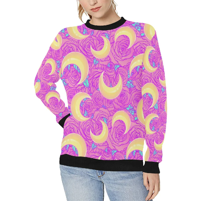 Moon pink rose background Women's Crew Neck Sweatshirt Hoodie with Thumb Holes Functional Cozy Moon pink rose background Women's Crew Neck Sweatshirt Hoodie with Thumb Holes Functional Cozy