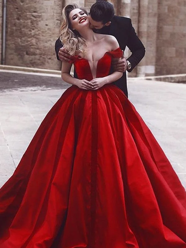 Ball Gown Sleeveless Off-the-Shoulder Sweep/Brush Train Ruffles Satin Dresses TPP0002229