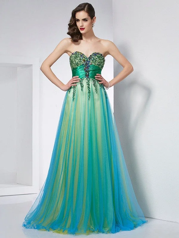 Ball Gown Sweetheart Sleeveless Ruffles Long Elastic Woven Satin Dresses TPP0002967