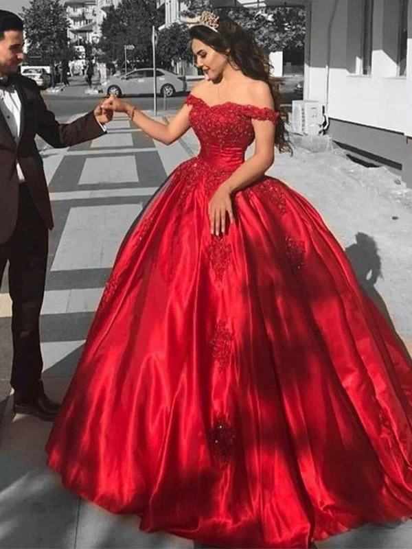 Ball Gown Sleeveless Off-the-Shoulder Sweep/Brush Train Satin Lace Dresses TPP0001671